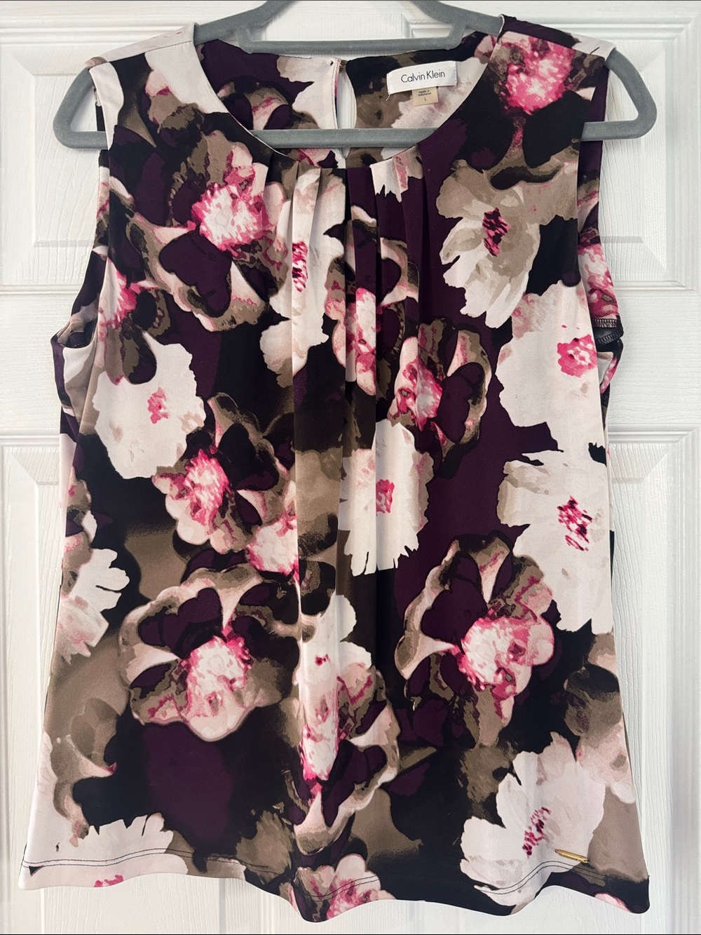 Calvin Klein Floral Pleated Shell Top - Plum, Pink, Cream
